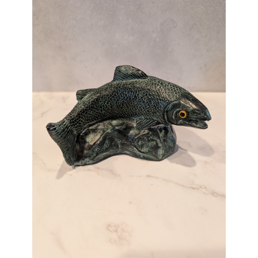 Vintage Jolin Made Hand Carved Soapstone Salmon Figurine Yellow Eyes Canada Rare